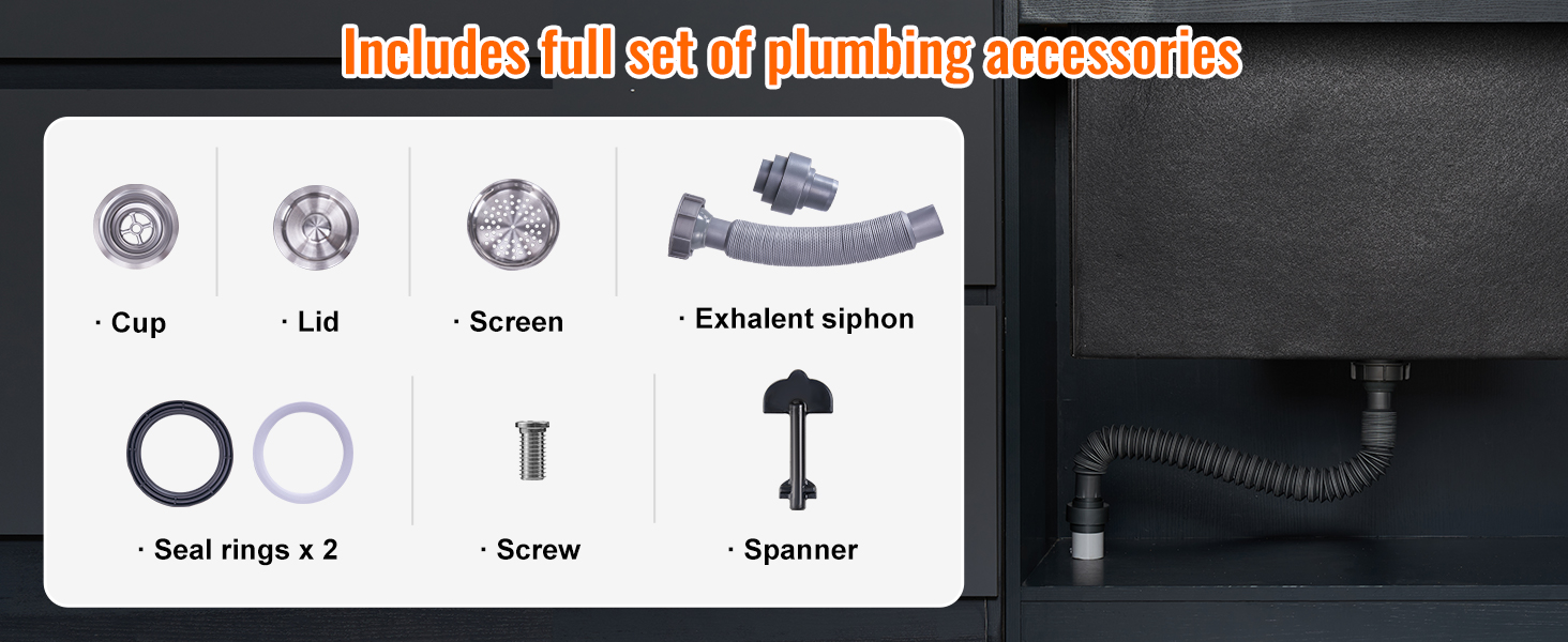 full set of plumbing accessories for VEVOR drop in ice chest: cup, lid, screen, seals, siphon, screw, spanner.