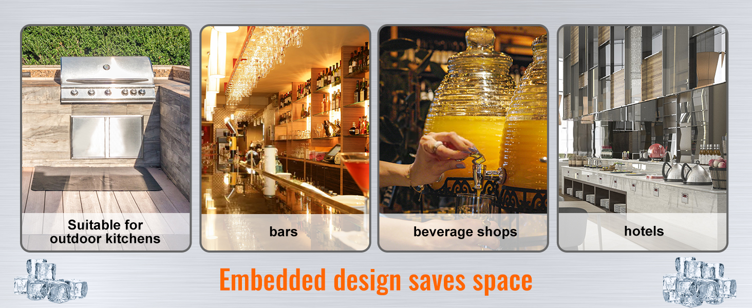 suitable for outdoor kitchens, bars, beverage shops, and hotels; embedded design saves space. VEVOR drop in ice chest.