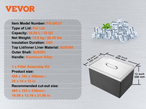 VEVOR ice chest with pot lid, 32 qt capacity, stainless steel outer shell, and aluminum alloy handle.