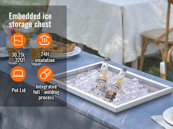 VEVOR ice chest embedded in outdoor counter with beer bottles, ice, and beer glasses filled.