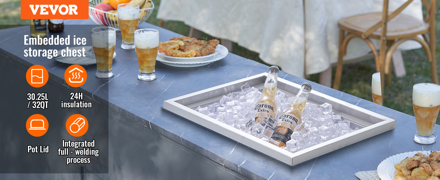 VEVOR ice chest embedded in outdoor counter with beer bottles, ice, and beer glasses filled.