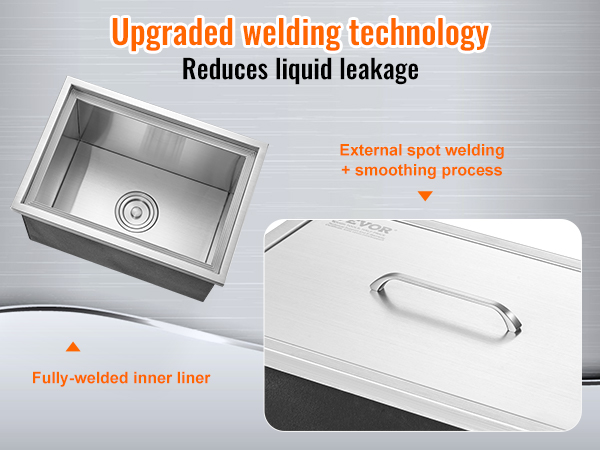 VEVOR ice chest with upgraded welding technology for reduced liquid leakage. fully-welded inner liner.