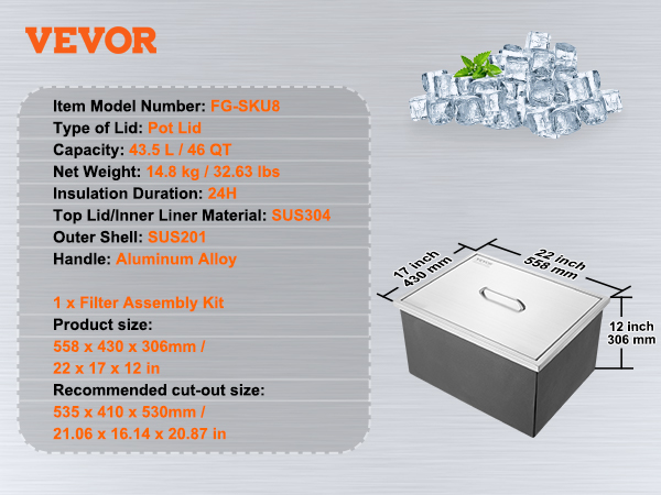 VEVOR ice chest with pot lid, 43.5l/46qt capacity, sus304 inner liner, and aluminum alloy handle.