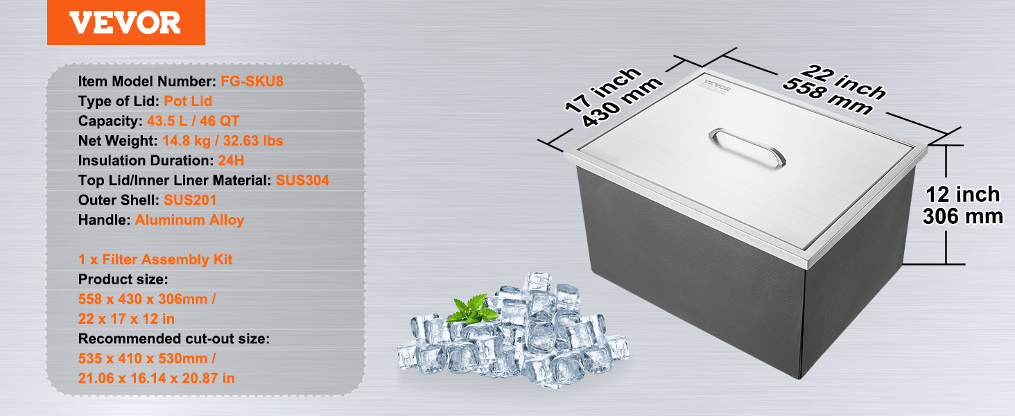 VEVOR ice chest with pot lid, 43.5l/46qt capacity, sus304 inner liner, and aluminum alloy handle.