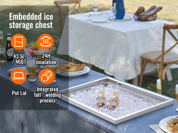 VEVOR ice chest with beers on ice, beers served on table, outdoor party setting.