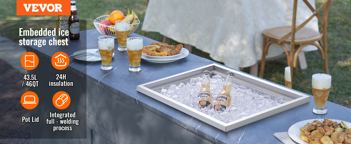 VEVOR ice chest with beers on ice, beers served on table, outdoor party setting.