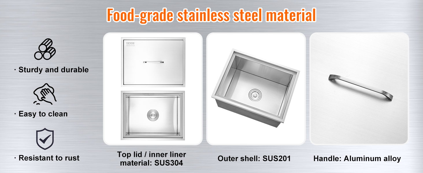 VEVOR ice chest featuring food-grade stainless steel, easy to clean, rust-resistant, and durable.