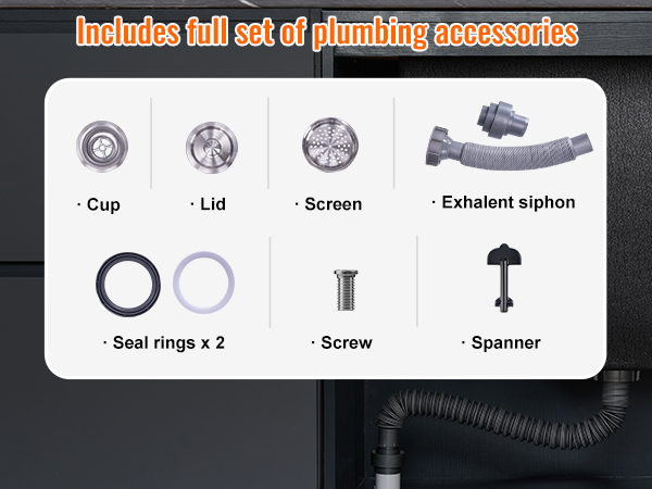 VEVOR ice chest plumbing accessories set: cup, lid, screen, siphon, seal rings, screw, and spanner.