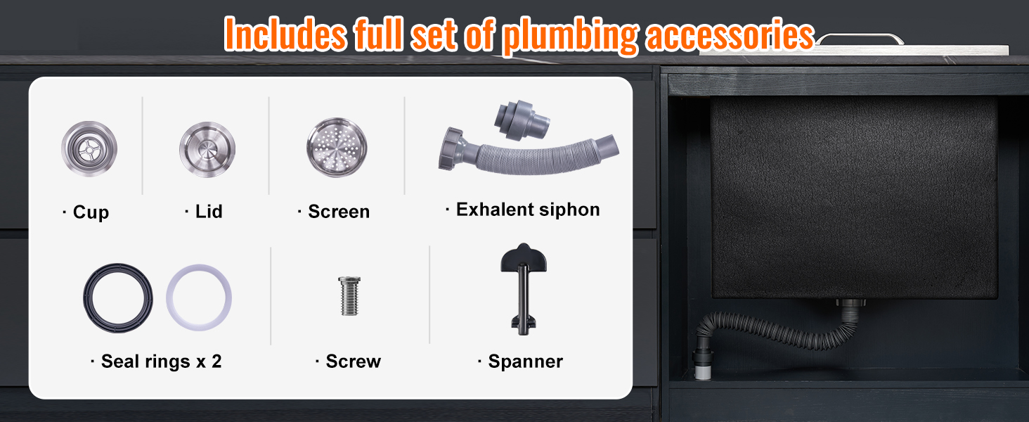 VEVOR ice chest plumbing accessories set: cup, lid, screen, siphon, seal rings, screw, and spanner.