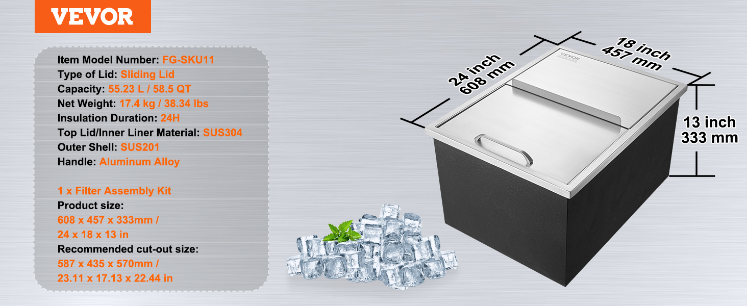 VEVOR ice chest with sliding lid, 55.23l capacity, sus304 top, sus201 shell, 24x18x13 inches.