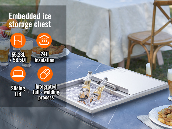 VEVOR ice chest on a blue countertop with drinks, beer bottles, and a fruit bowl in an outdoor setting.