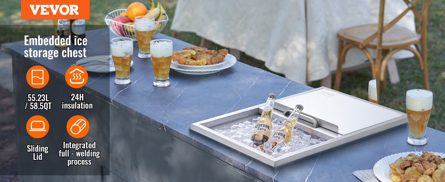 VEVOR ice chest on a blue countertop with drinks, beer bottles, and a fruit bowl in an outdoor setting.
