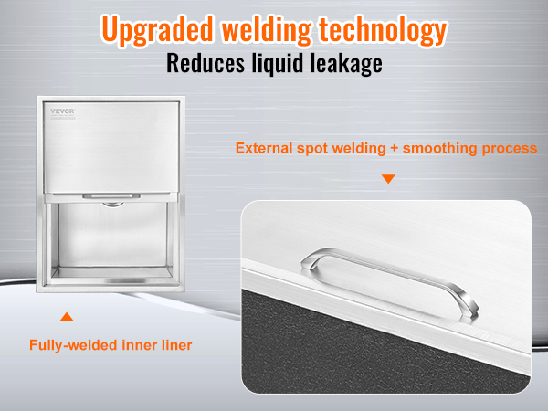 VEVOR ice chest with upgraded welding technology, fully-welded inner liner, and external spot welding.
