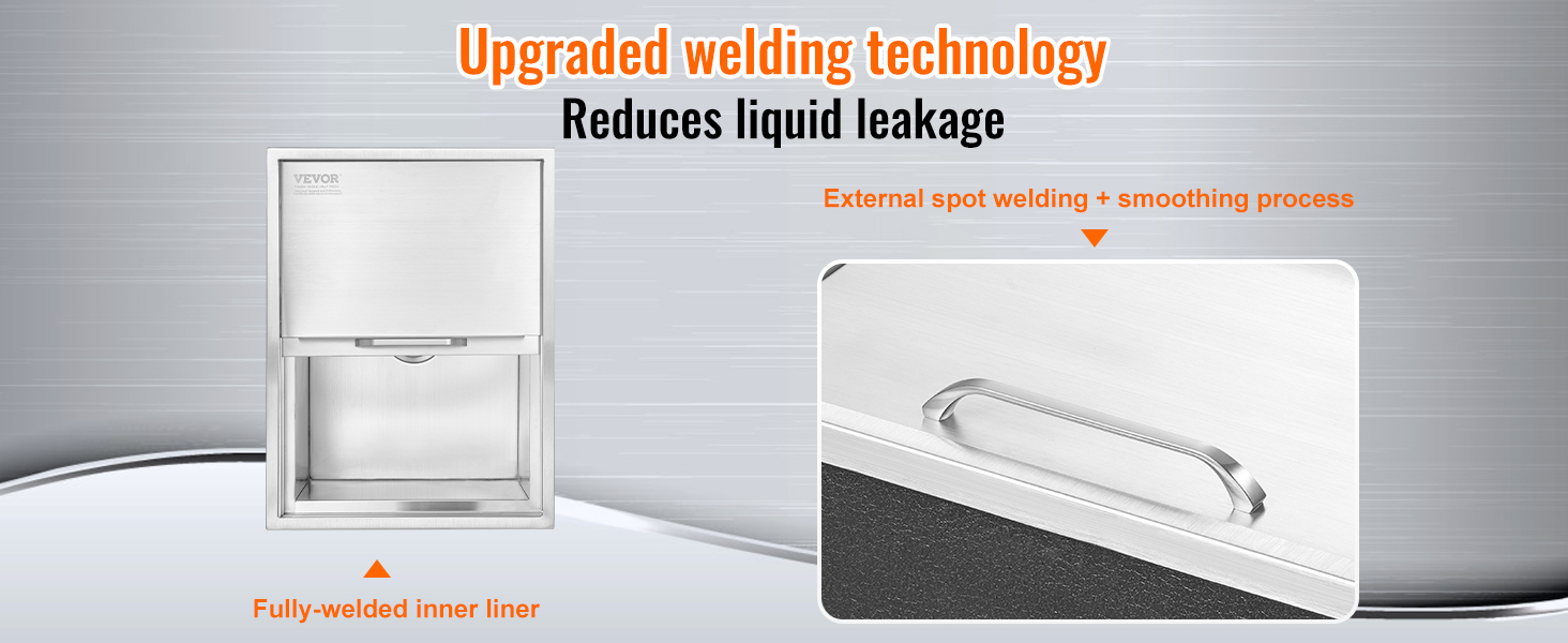 VEVOR ice chest with upgraded welding technology, fully-welded inner liner, and external spot welding.