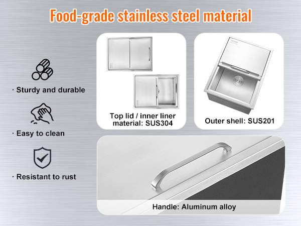 VEVOR ice chest with food-grade stainless steel, easy to clean, durable, rust-resistant.