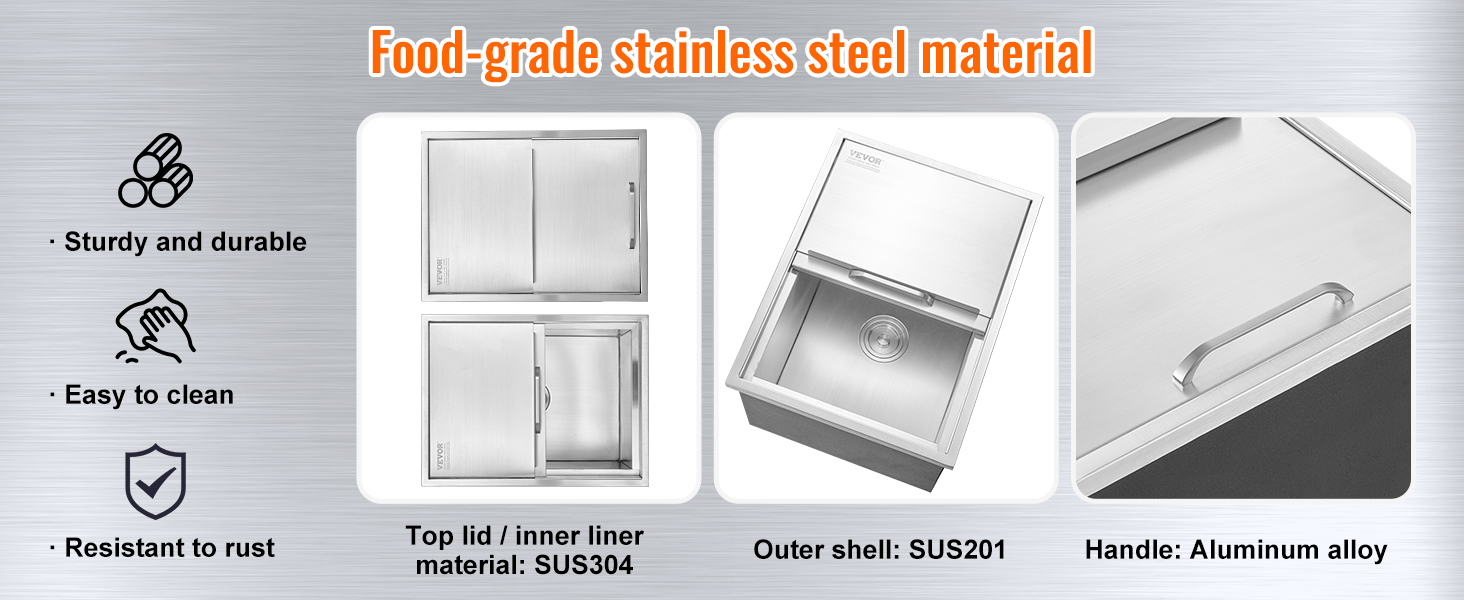 VEVOR ice chest with food-grade stainless steel, easy to clean, durable, rust-resistant.