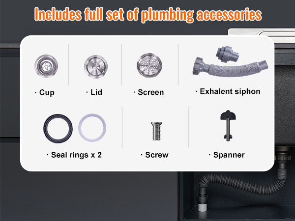 plumbing accessories for the VEVOR ice chest, including cup, lid, screen, siphon, rings, screw, and spanner.