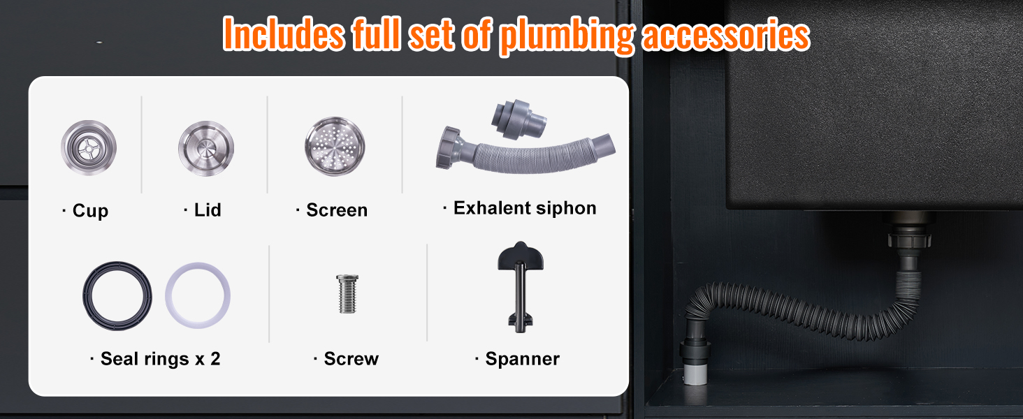 plumbing accessories for the VEVOR ice chest, including cup, lid, screen, siphon, rings, screw, and spanner.