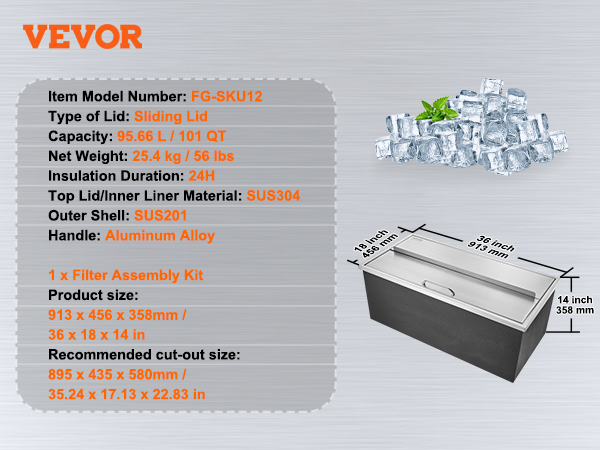 VEVOR ice chest with sliding lid, 95.66l capacity, sus304 material, 36x18x14 inches, with ice cubes.