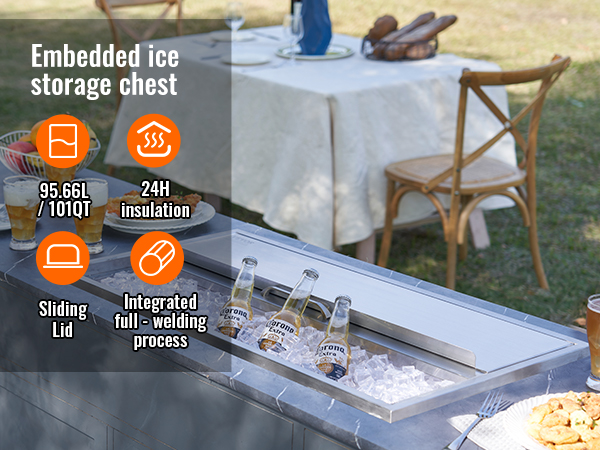 VEVOR ice chest on outdoor counter with beer bottles, snacks, and drinks, featuring sliding lid and insulation.
