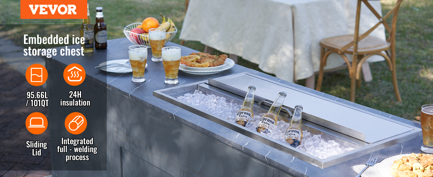 VEVOR ice chest on outdoor counter with beer bottles, snacks, and drinks, featuring sliding lid and insulation.