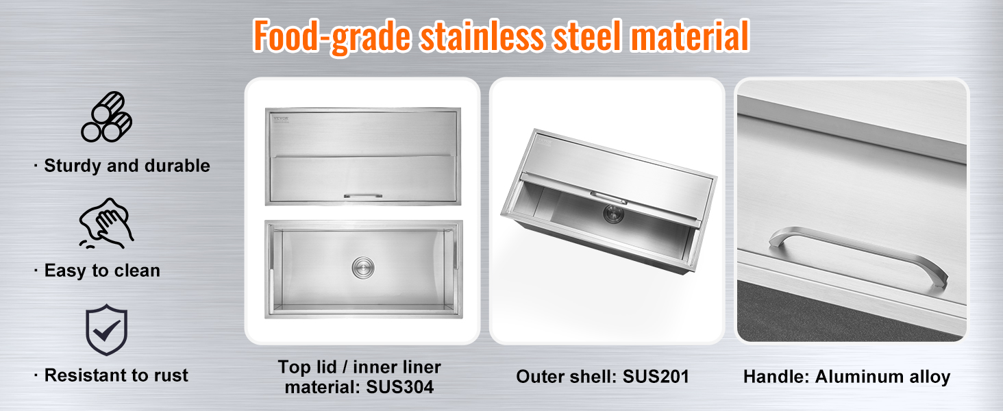 VEVOR ice chest features food-grade stainless steel, corrosion resistance, and easy-to-clean surfaces.