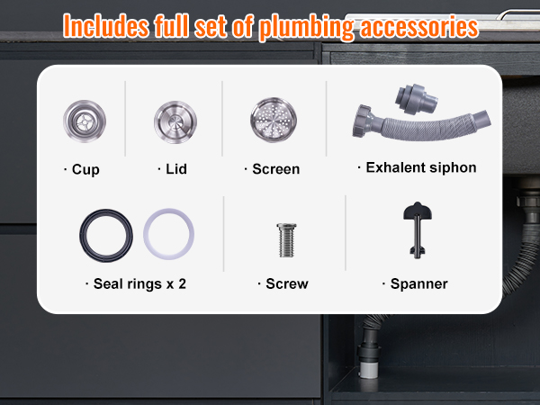 VEVOR ice chest plumbing accessories including cup, lid, screen, siphon, seal rings, screw, and spanner.