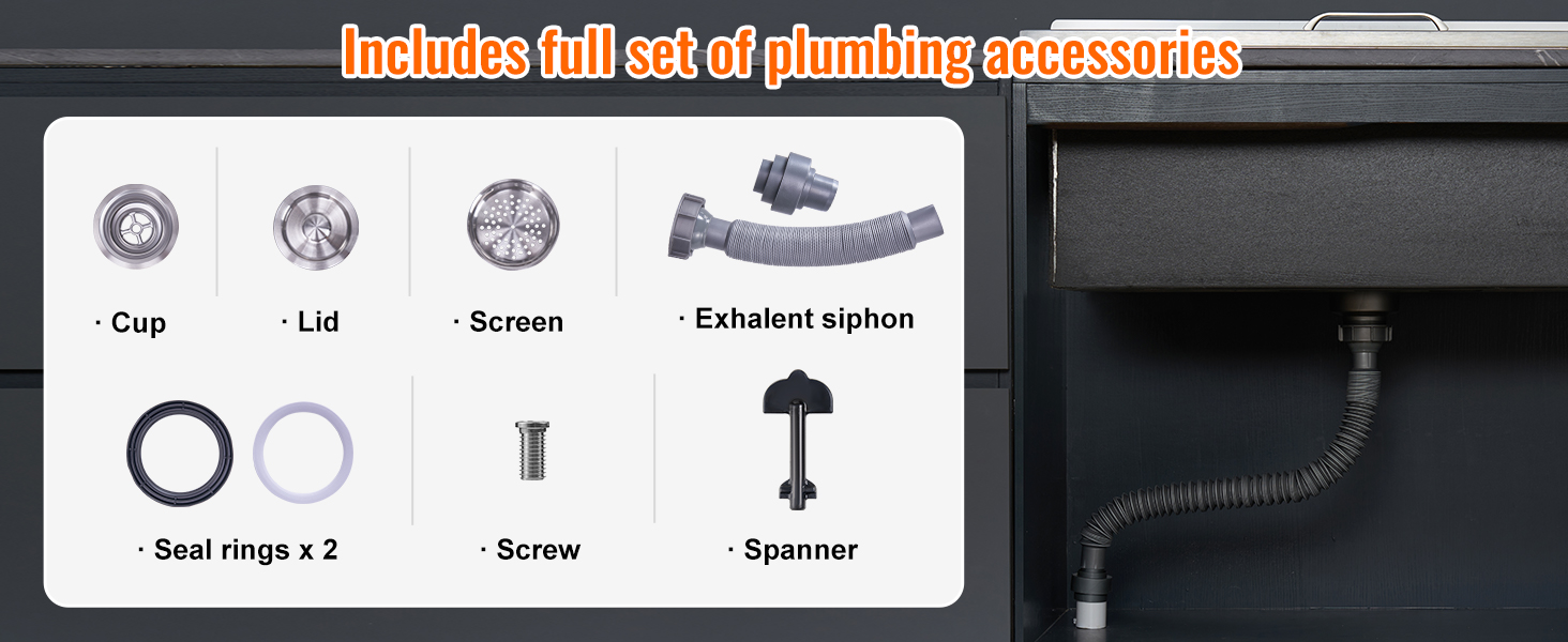 VEVOR ice chest plumbing accessories including cup, lid, screen, siphon, seal rings, screw, and spanner.