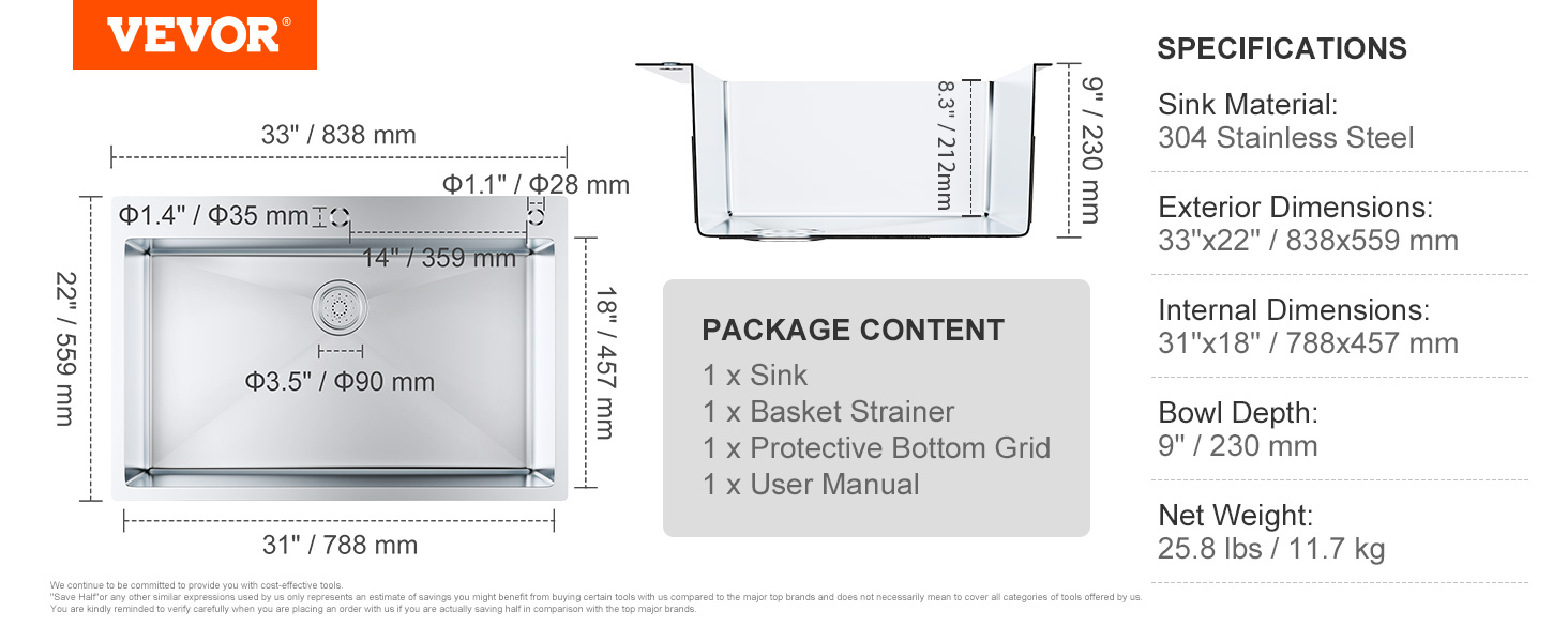 VEVOR kitchen sink dimensions and specifications, including 304 stainless steel material and a 9" bowl depth.