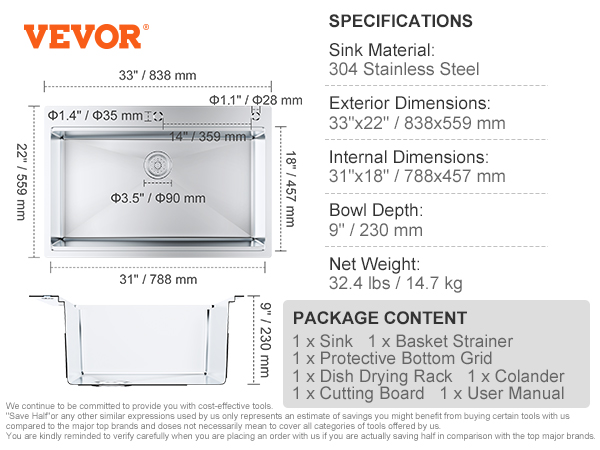 VEVOR kitchen sink dimensions chart, package contents, and specifications with 304 stainless steel material.