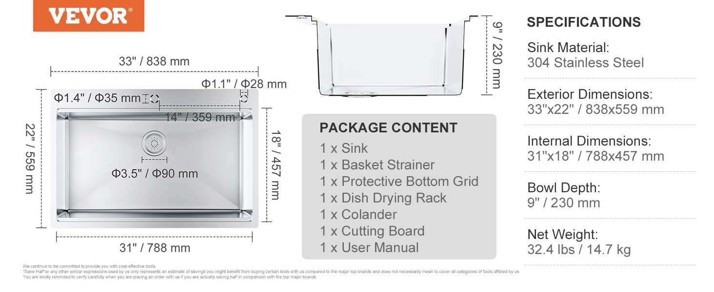 VEVOR kitchen sink dimensions chart, package contents, and specifications with 304 stainless steel material.