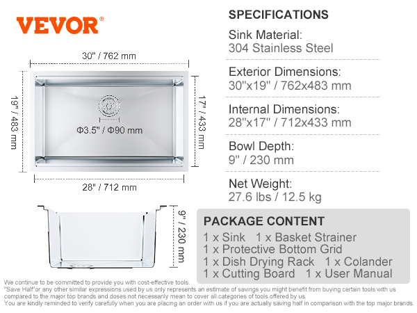 VEVOR kitchen sink - 30"x19" 304 stainless steel, 9" depth, includes basket strainer and cutting board.