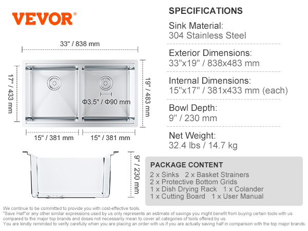 VEVOR kitchen sink with dual basins, 304 stainless steel, 33"x19" dimensions, and package contents.