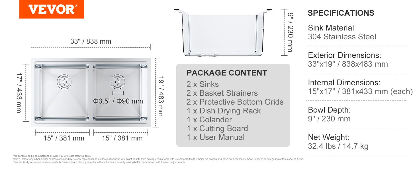 VEVOR kitchen sink with dual basins, 304 stainless steel, 33"x19" dimensions, and package contents.
