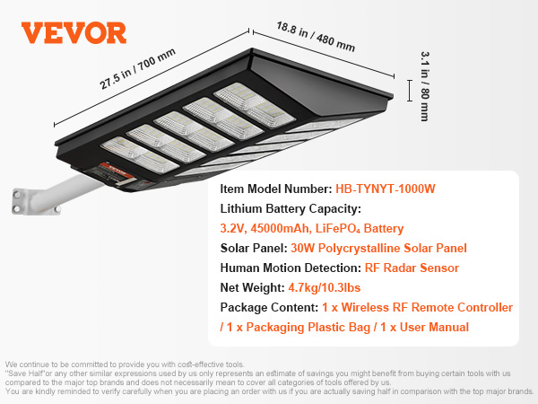 VEVOR solar street light with 30w polycrystalline solar panel, rf radar sensor, and lifepo4 battery.
