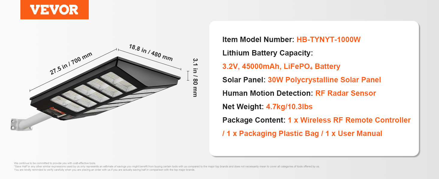 VEVOR solar street light with 30w polycrystalline solar panel, rf radar sensor, and lifepo4 battery.