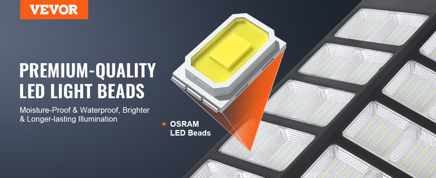 VEVOR solar street light featuring premium-quality moisture-proof and waterproof osram led beads.