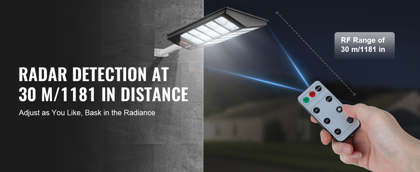 VEVOR solar street light with radar detection at 30 meters, operated by a handheld remote control.