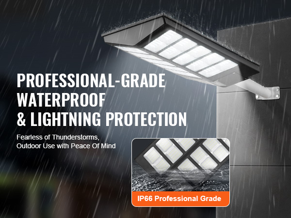 VEVOR solar street light with waterproof and lightning protection, mounted on wall during heavy rain.