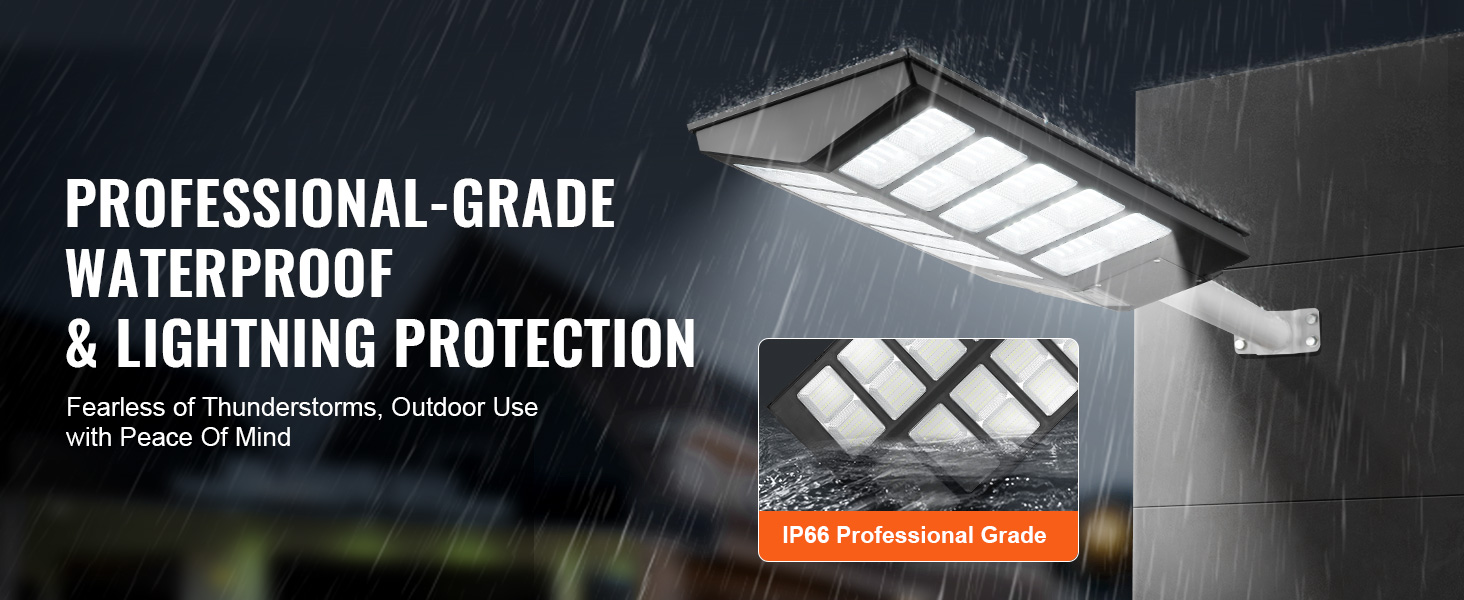 VEVOR solar street light with waterproof and lightning protection, mounted on wall during heavy rain.
