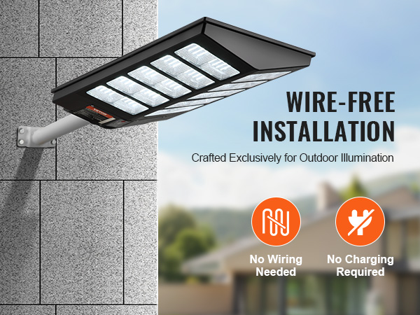 VEVOR solar street light mounted on a wall, wire-free installation for outdoor illumination. no wiring or charging needed.