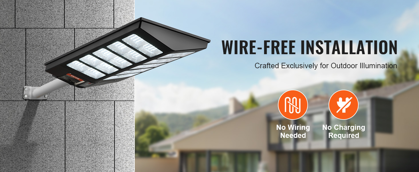 VEVOR solar street light mounted on a wall, wire-free installation for outdoor illumination. no wiring or charging needed.