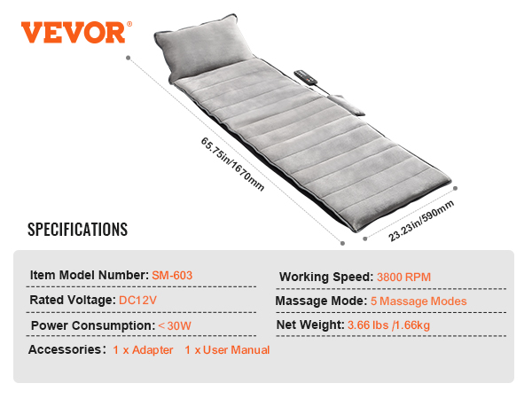 VEVOR full-body massage cushion in gray with remote, item sm-603, 5 massage modes. 65.75x23.23 in.
