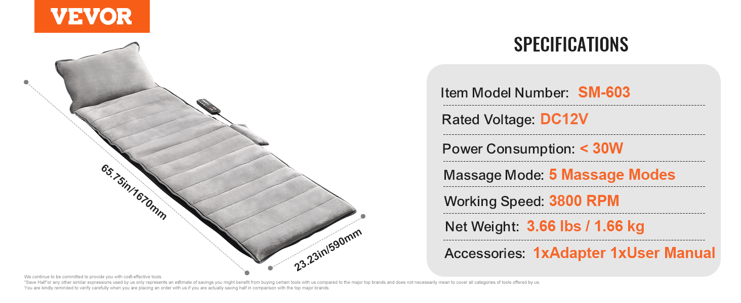 VEVOR full-body massage cushion in gray with remote, item sm-603, 5 massage modes. 65.75x23.23 in.
