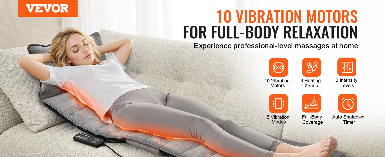 person relaxing on couch using VEVOR full-body massage cushion with 10 vibration motors and 3 heating zones.