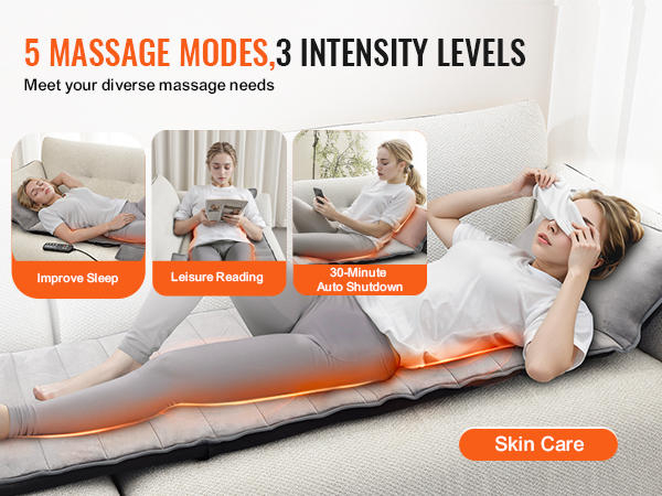 VEVOR full-body massage cushion with 5 massage modes, 3 intensity levels, improves sleep, and skin care.