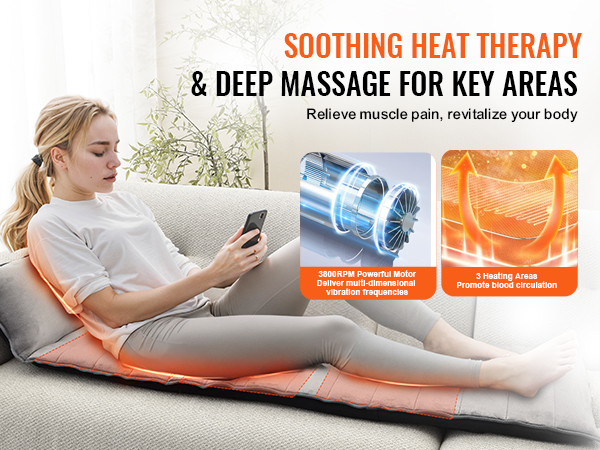 woman using VEVOR full-body massage cushion with heat therapy for soothing muscle pain and improved circulation.