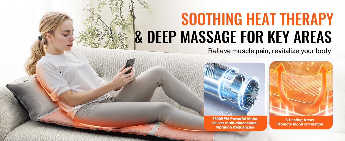 woman using VEVOR full-body massage cushion with heat therapy for soothing muscle pain and improved circulation.