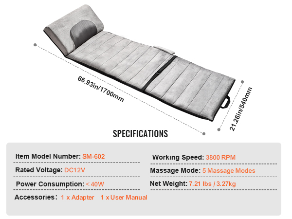 VEVOR full body massage cushion with adjustable headrest, 5 massage modes, and compact foldable design.