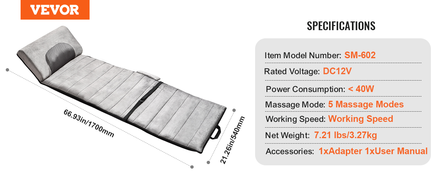 VEVOR full body massage cushion with adjustable headrest, 5 massage modes, and compact foldable design.